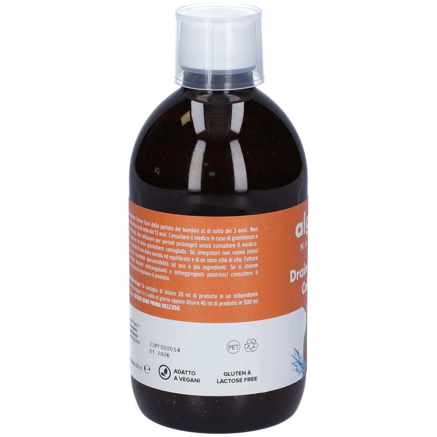Algem Natura Drain Gem XL Cellulite. Retro della bottiglia con testo. Senza glutine e lattosio.