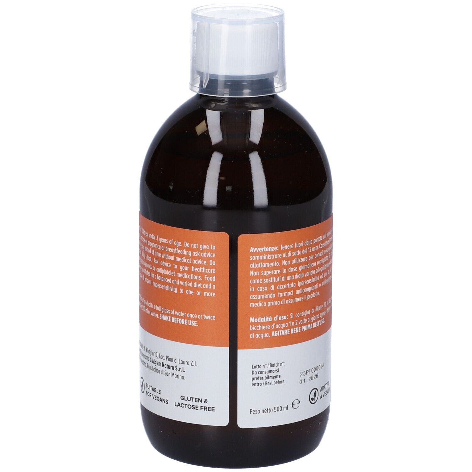 Algem Natura Drain Gem XL Cellulite. Retro della bottiglia con testo. Adatto ai vegani.