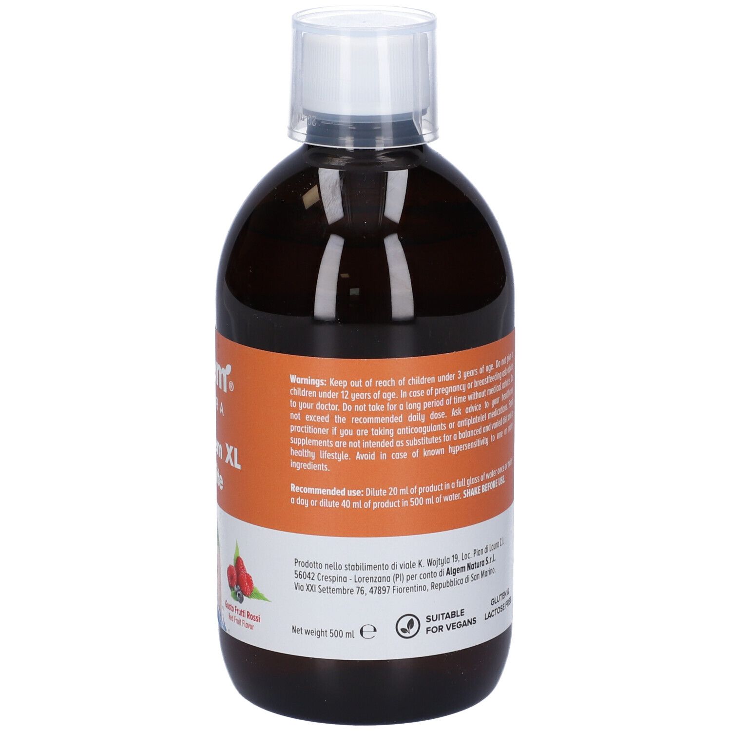 Algem Natura Drain Gem XL Cellulite. Retro della bottiglia con testo. Peso netto 500 ml.