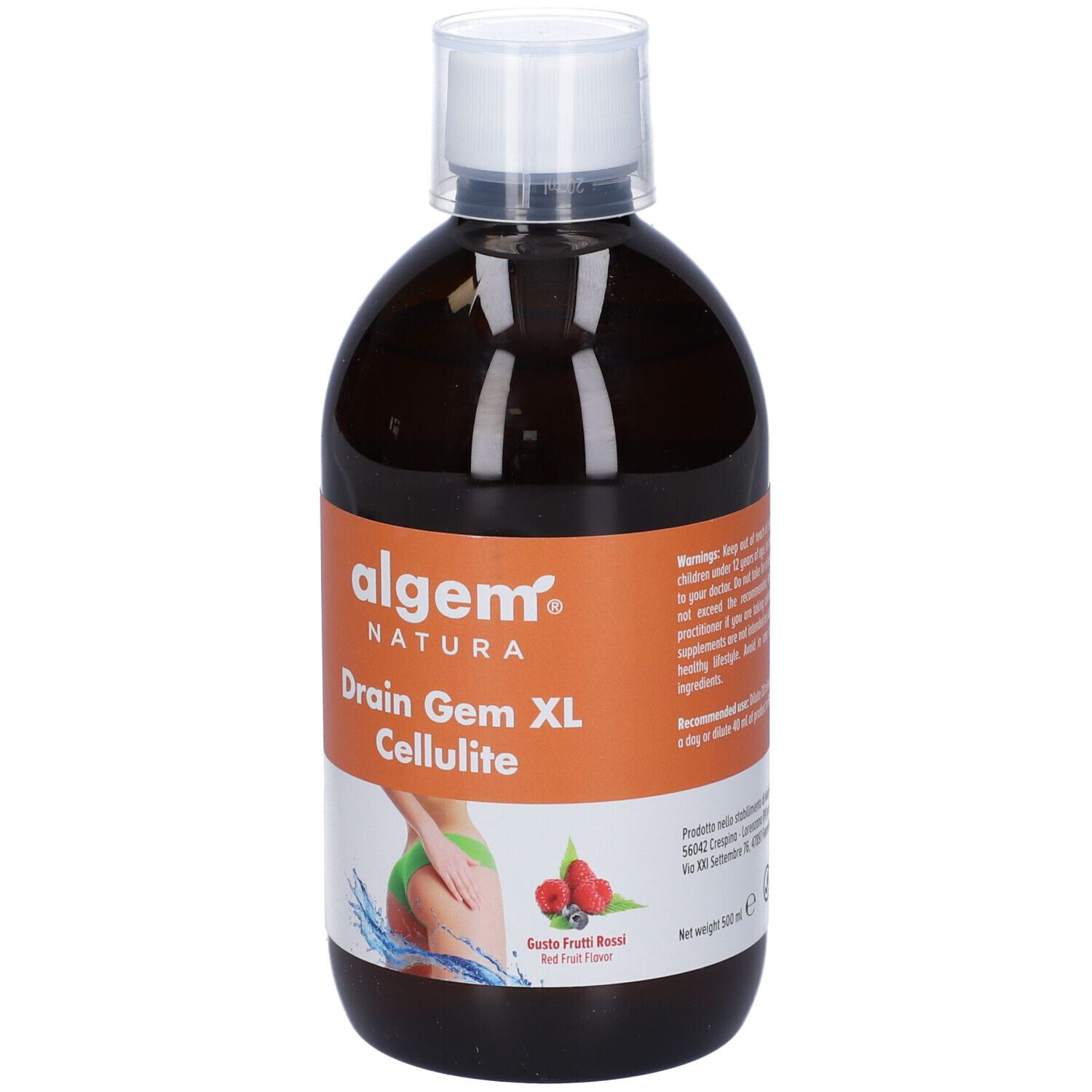 Algem Natura Drain Gem XL Cellulite. Bottiglia marrone con tappo bianco. Etichetta con testo e immagine.