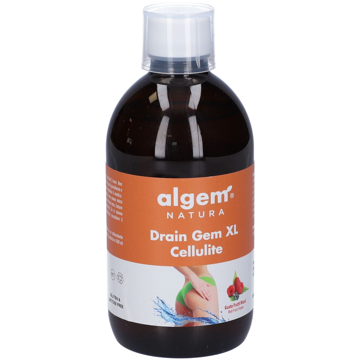 Algem Natura Drain Gem XL Cellulite. Bottiglia marrone con tappo bianco. Etichetta con testo e immagine.