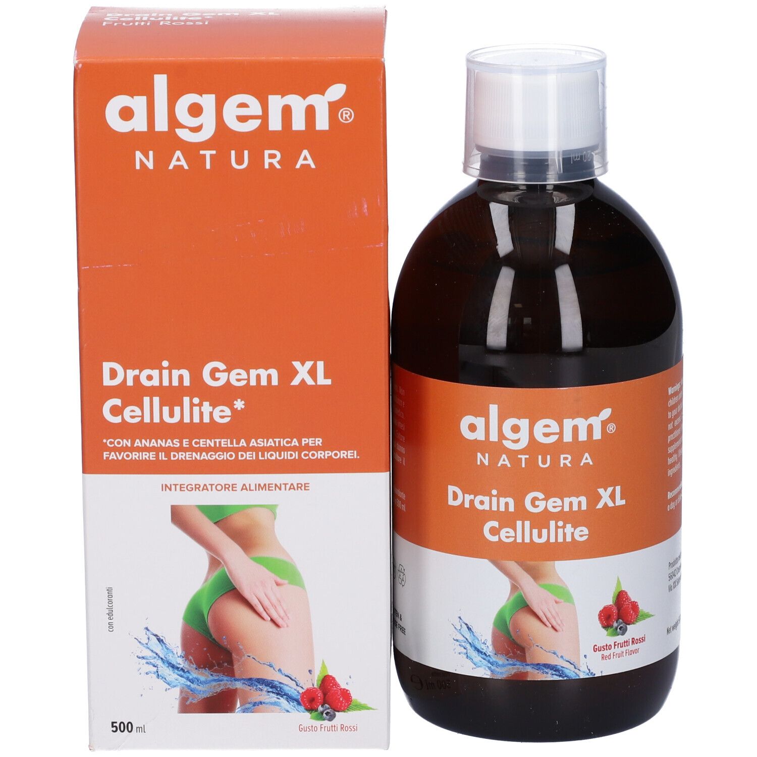 Algem Natura Drain Gem XL Cellulite. Bottiglia e confezione affiancate. Immagine e testo del prodotto.