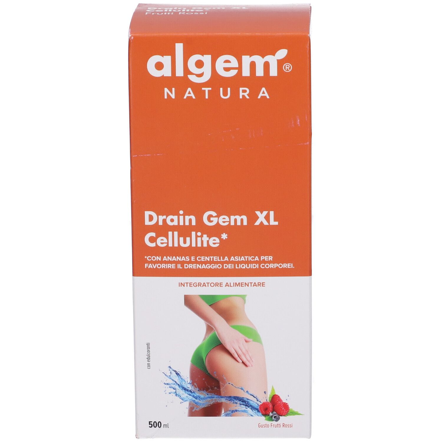 Algem Natura Drain Gem XL Cellulite. Confezione arancione con immagine e testo del prodotto. 500ml.