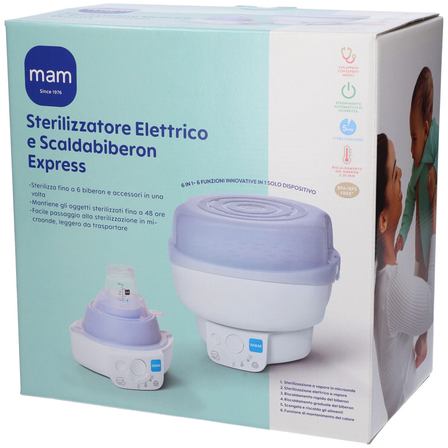 Scatola con immagine del prodotto. Scritto: MAM Sterilizzatore Elettrico & Scaldabiberon Express. Prodotto e bambino.