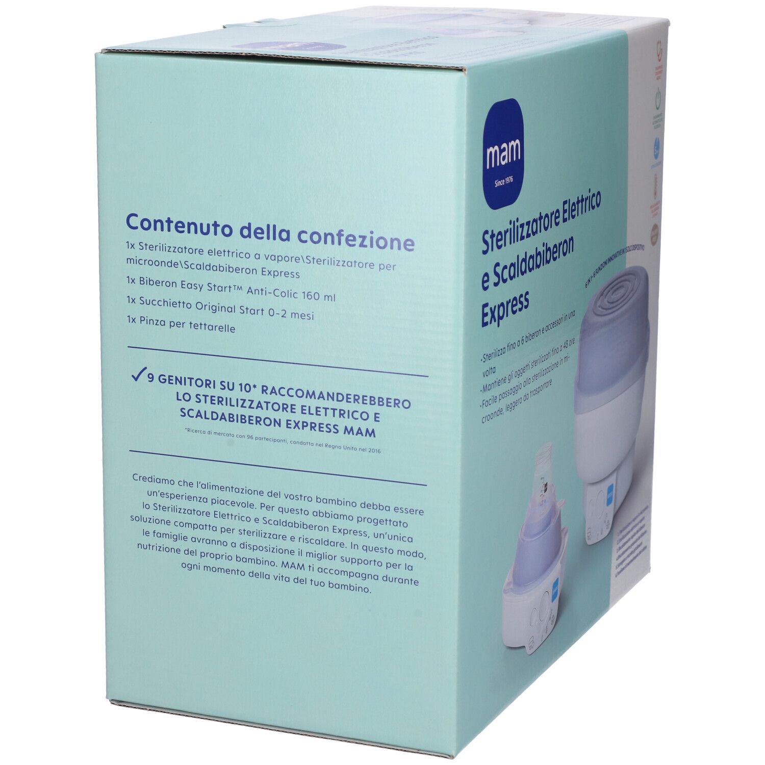 Retro della scatola. Testo: Contenuto della confezione. Contiene: sterilizzatore, biberon, ciuccio, pinzetta.