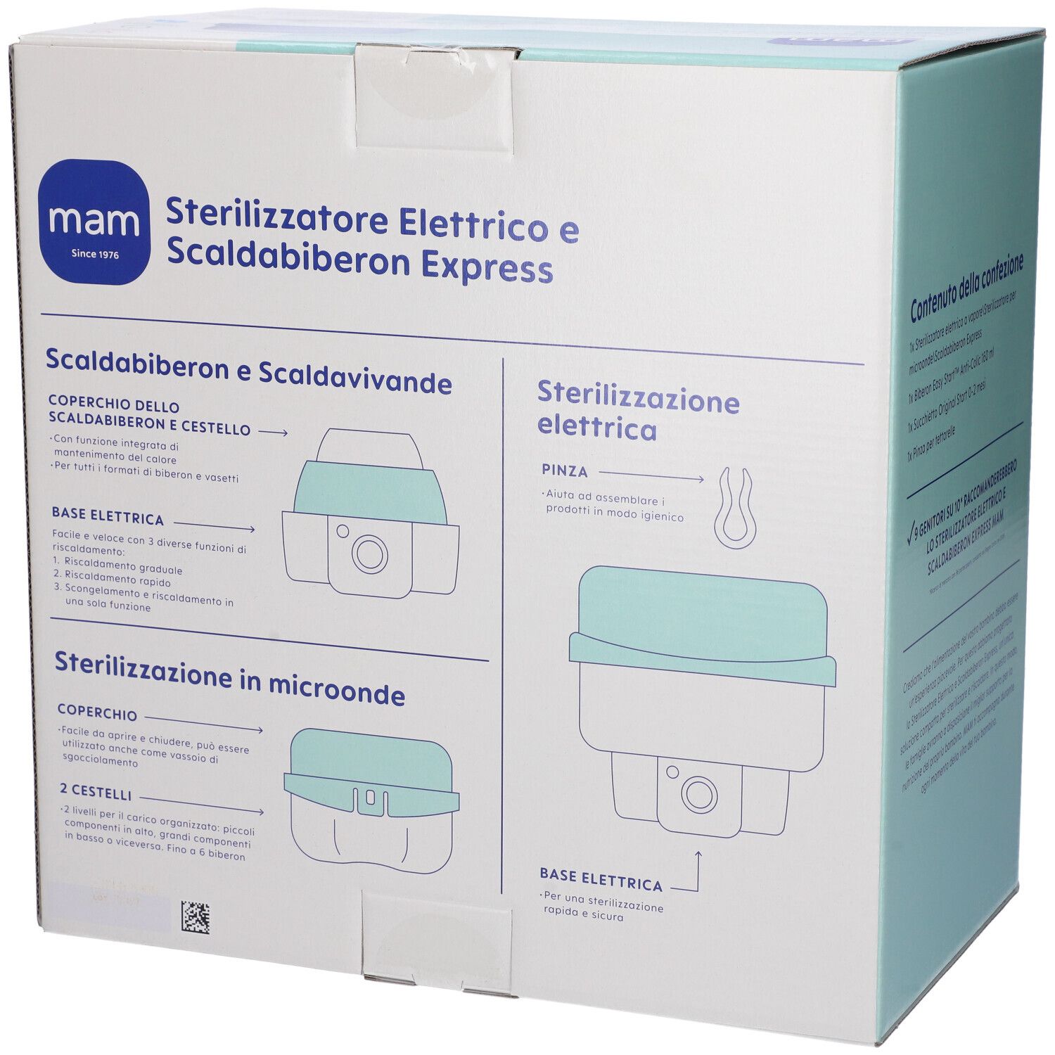 Scatola con illustrazioni del prodotto. Scritto: Sterilizzatore Elettrico e Scaldabiberon Express.