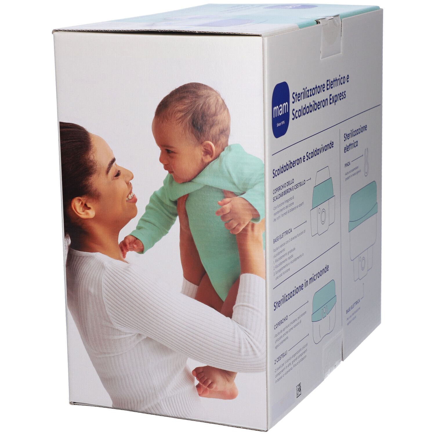 Scatola con immagine del prodotto e bambino. Scritto: Sterilizzatore Elettrico e Scaldabiberon Express.