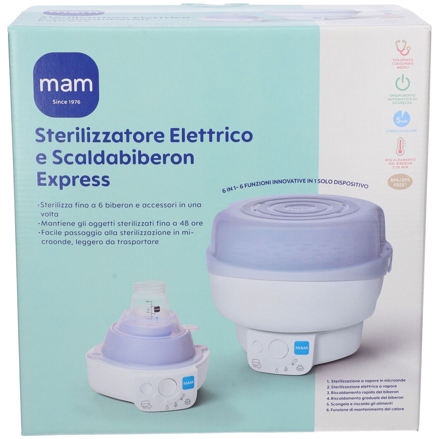 Scatola con immagine del prodotto. Scritto: MAM Sterilizzatore Elettrico & Scaldabiberon Express. Prodotto e accessori.