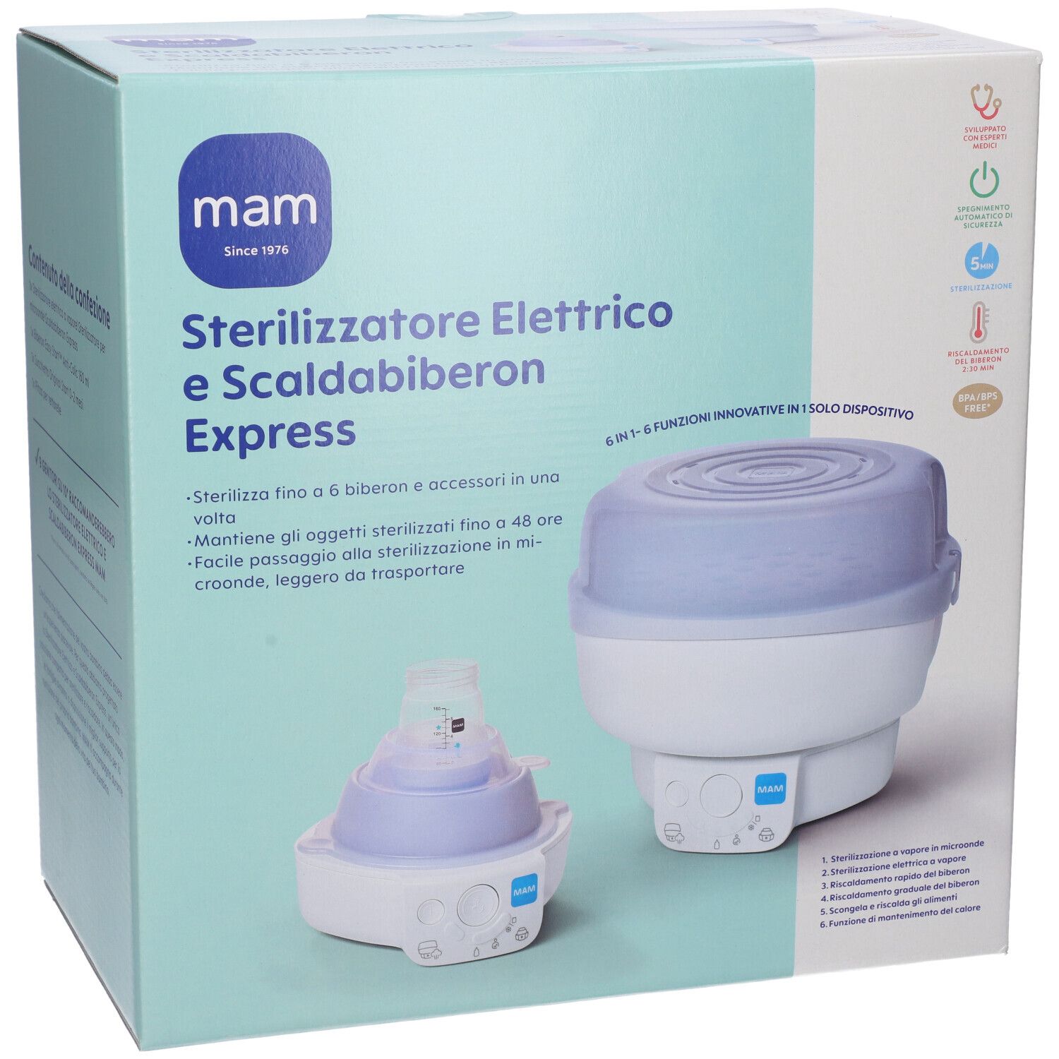 Scatola con immagine del prodotto. Scritto: MAM Sterilizzatore Elettrico & Scaldabiberon Express. Prodotto e accessori.