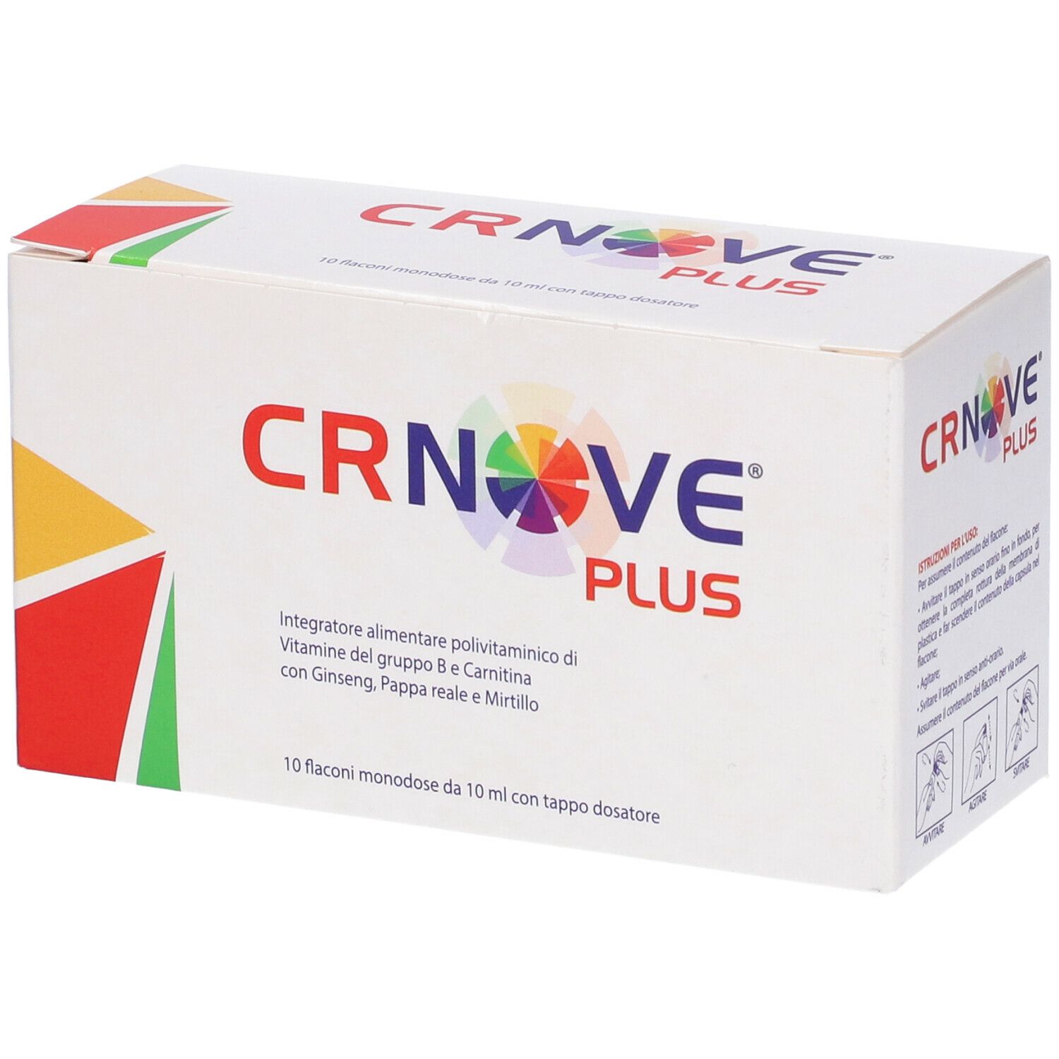 Scatola bianca con logo multicolore. Testo: CRNOVE PLUS. Contiene 10 flaconi.