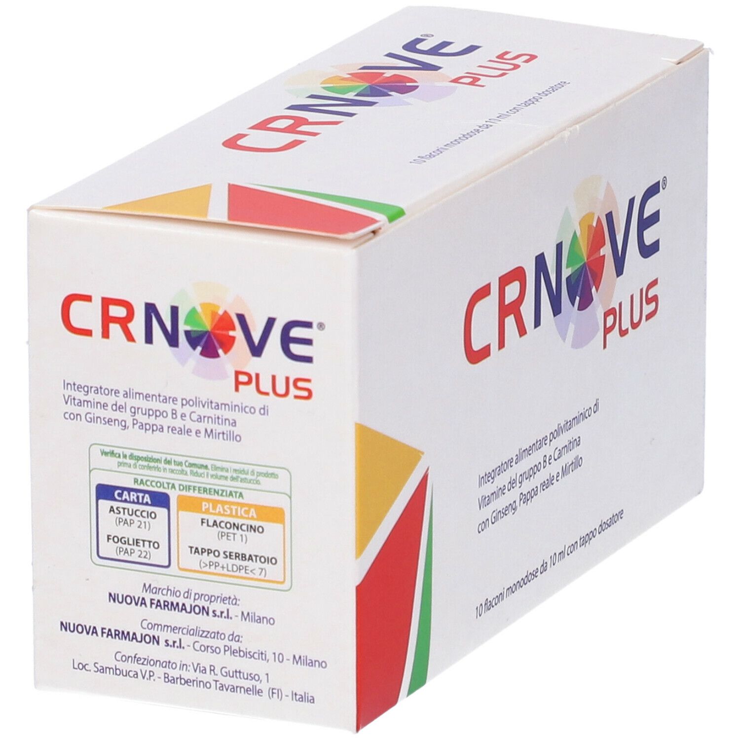Scatola bianca con logo e testo: CRNOVE PLUS. Contiene 10 flaconi. Dettaglio dell'imballaggio.