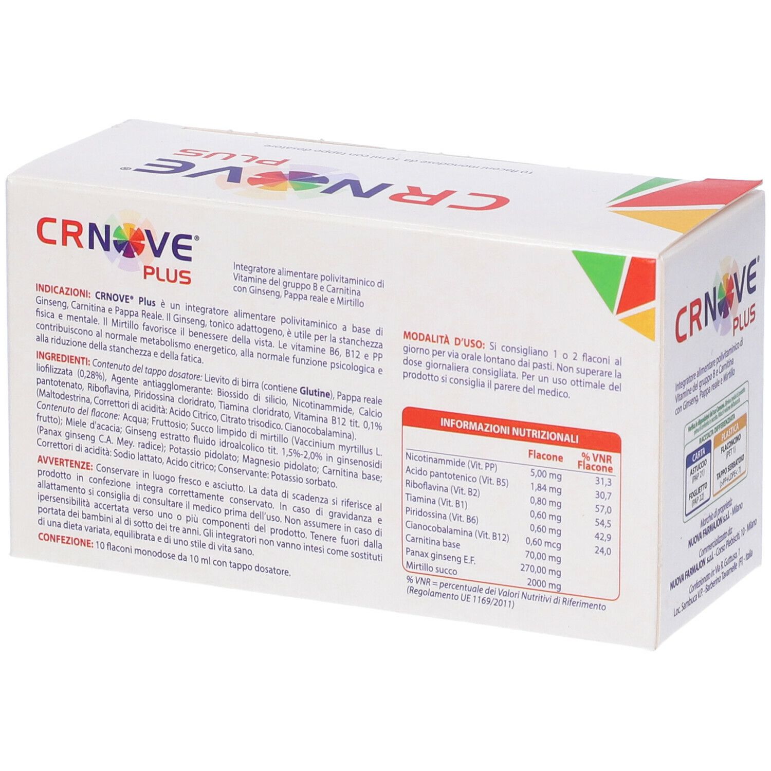 Scatola bianca con logo e testo: CRNOVE PLUS. Contiene 10 flaconi. Dettaglio degli ingredienti.
