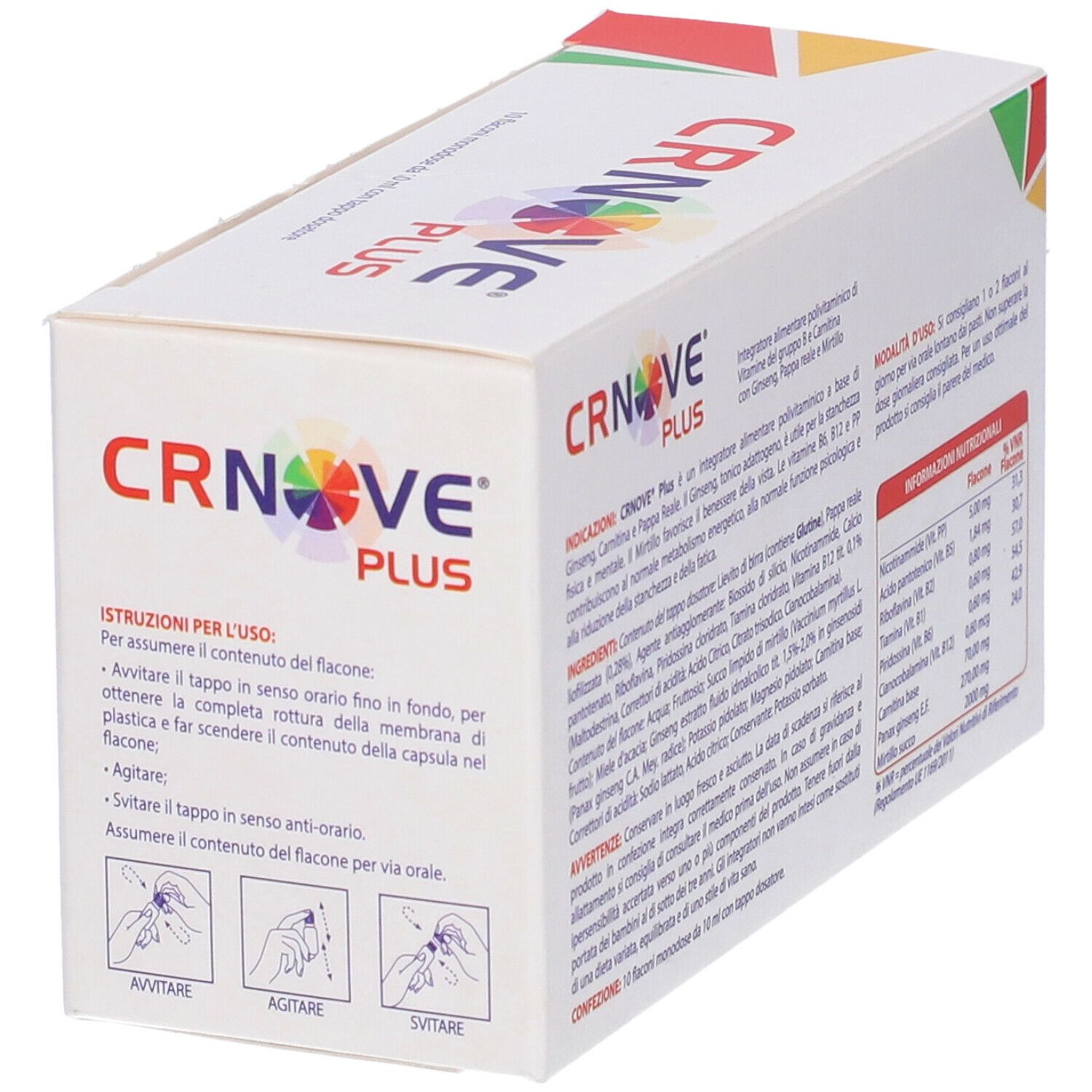 Scatola bianca con logo e testo: CRNOVE PLUS. Contiene 10 flaconi. Istruzioni per l'uso.