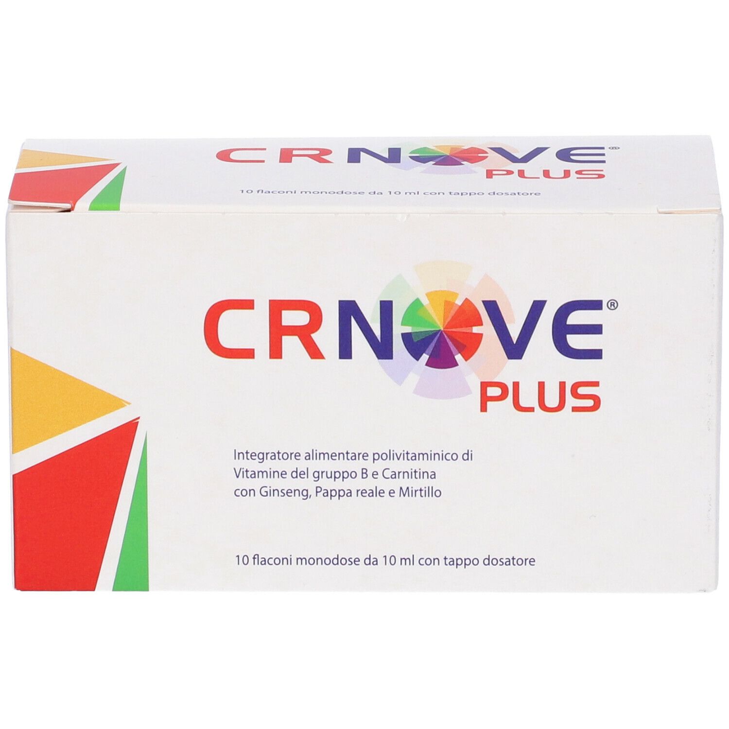 Scatola bianca con logo e testo: CRNOVE PLUS. Contiene 10 flaconi.