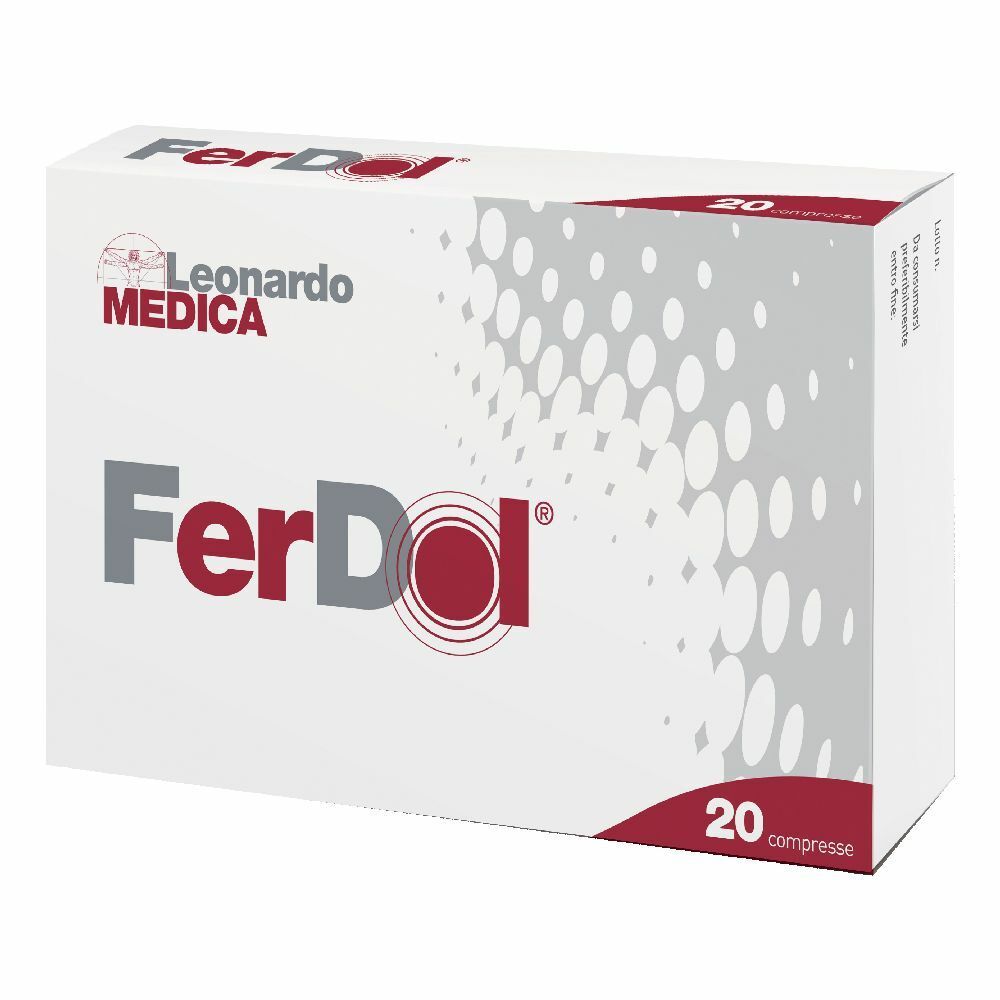 Confezione bianca Ferdol con logo e scritta rossi. Contiene 20 compresse. Marchio Leonardo Medica.