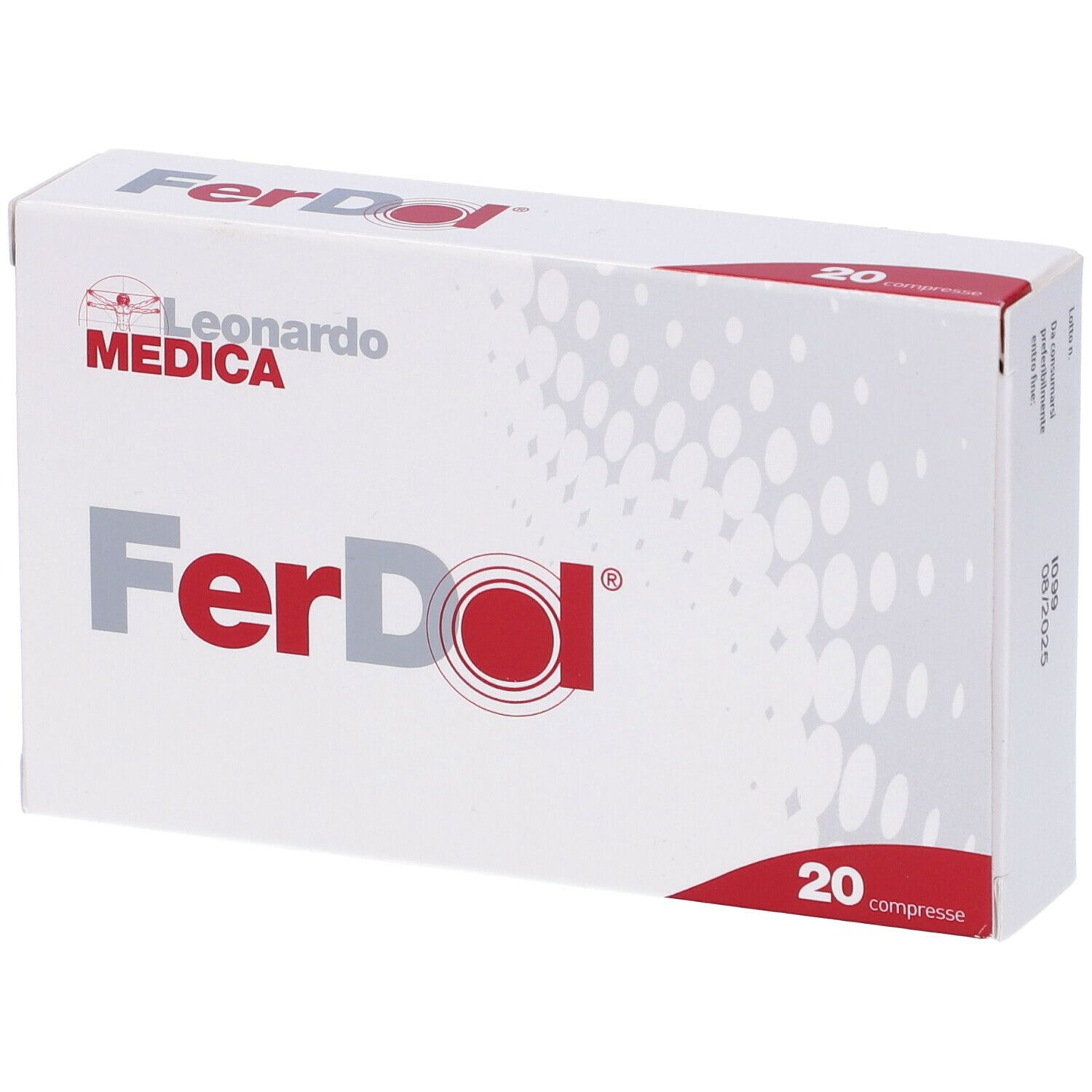 Confezione Ferdol bianca con logo e scritta rossi. Contiene 20 compresse. Marchio Leonardo Medica.