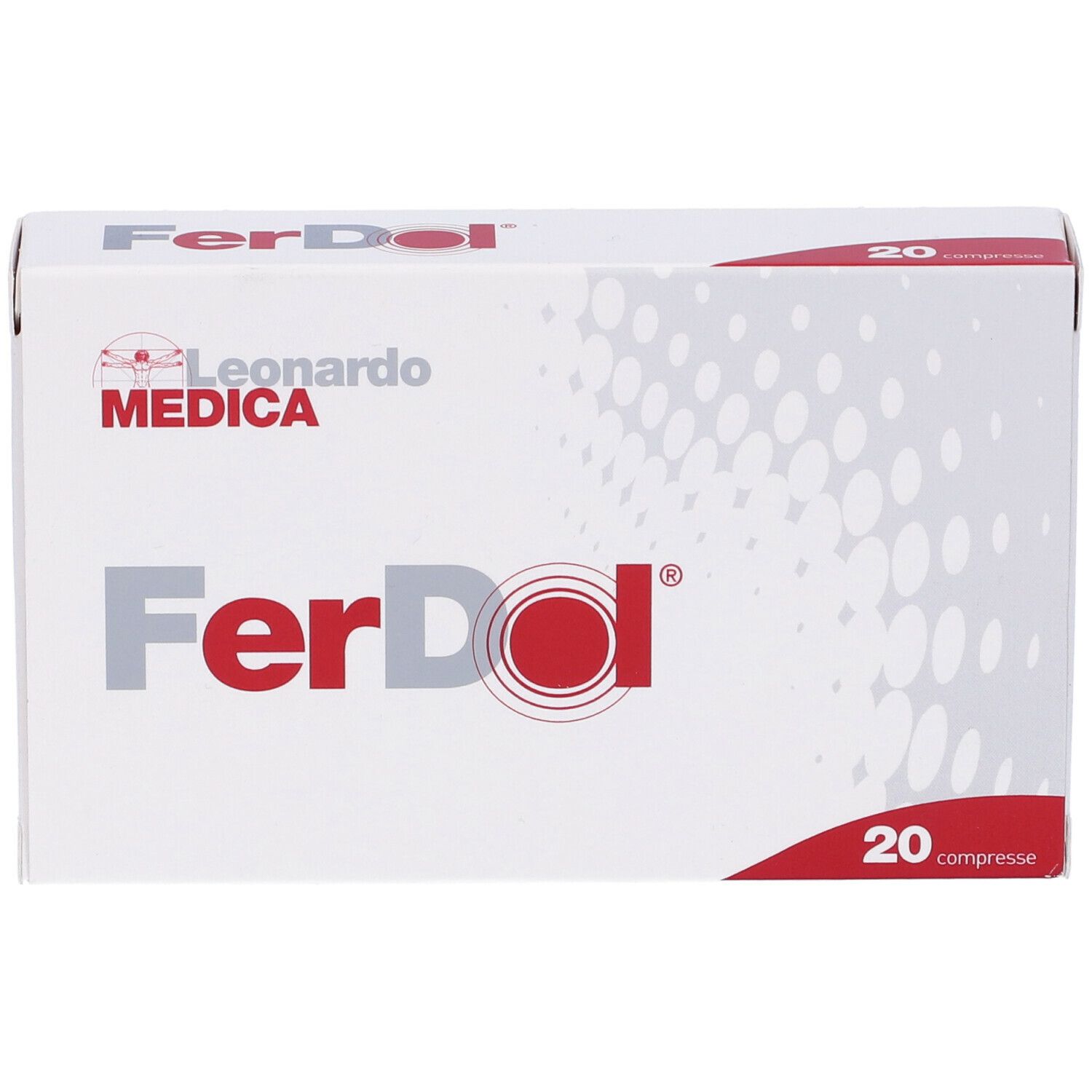 Confezione bianca Ferdol con logo e scritta rossi. Contiene 20 compresse. Marchio Leonardo Medica.