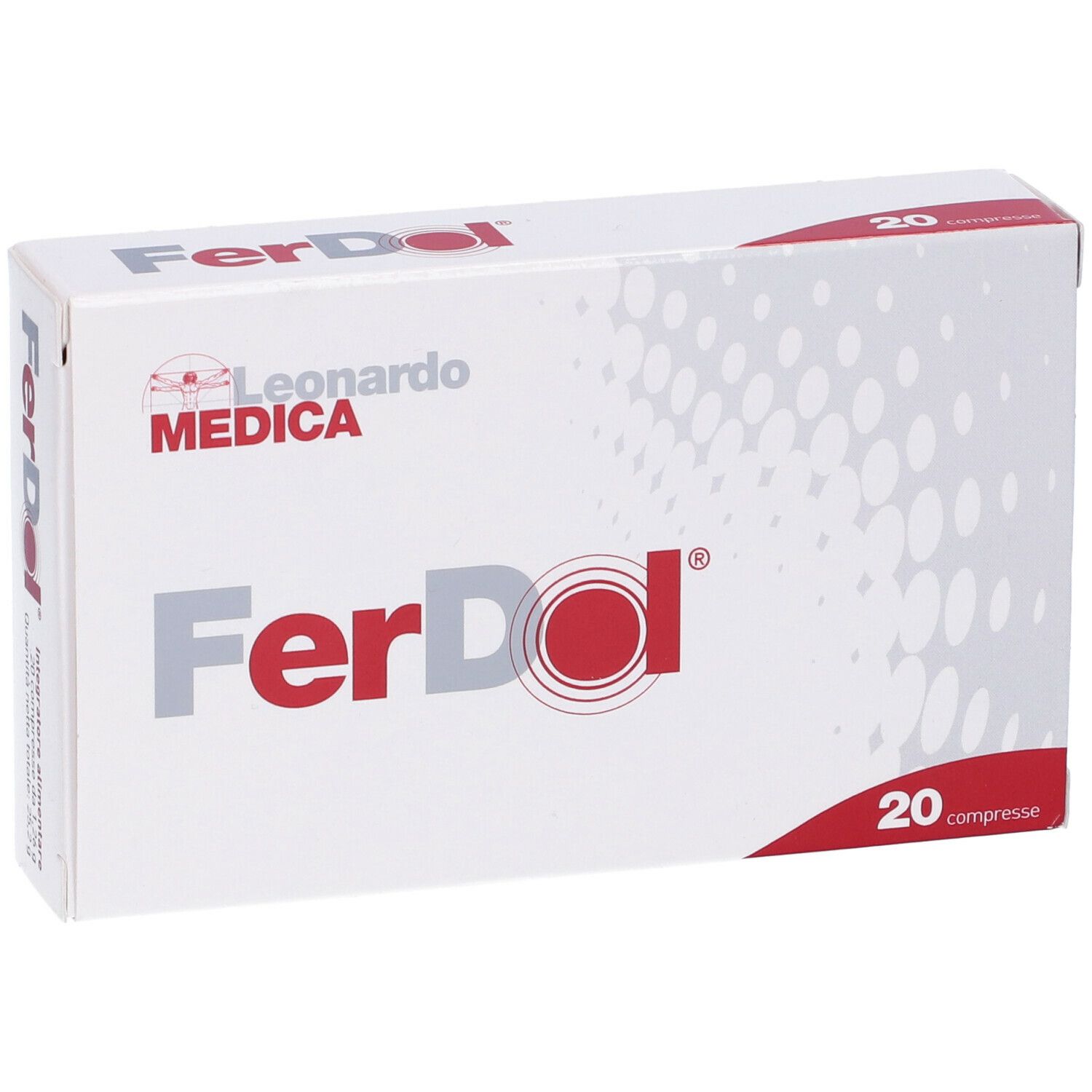 Confezione bianca Ferdol con logo e scritta rossi. Contiene 20 compresse. Marchio Leonardo Medica.