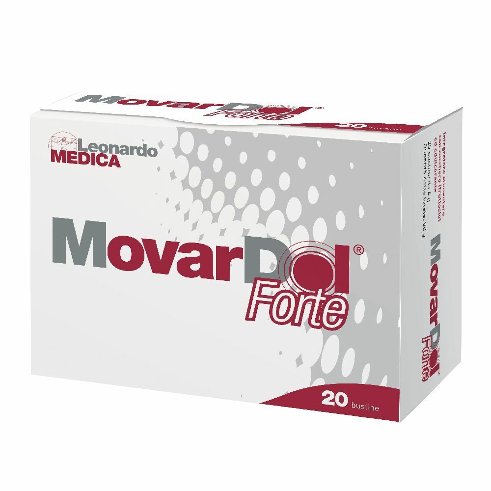 Scatola bianca con logo "Movardol Forte" e 20 bustine. Marchio Leonardo Medica. Scritta rossa e grigia.