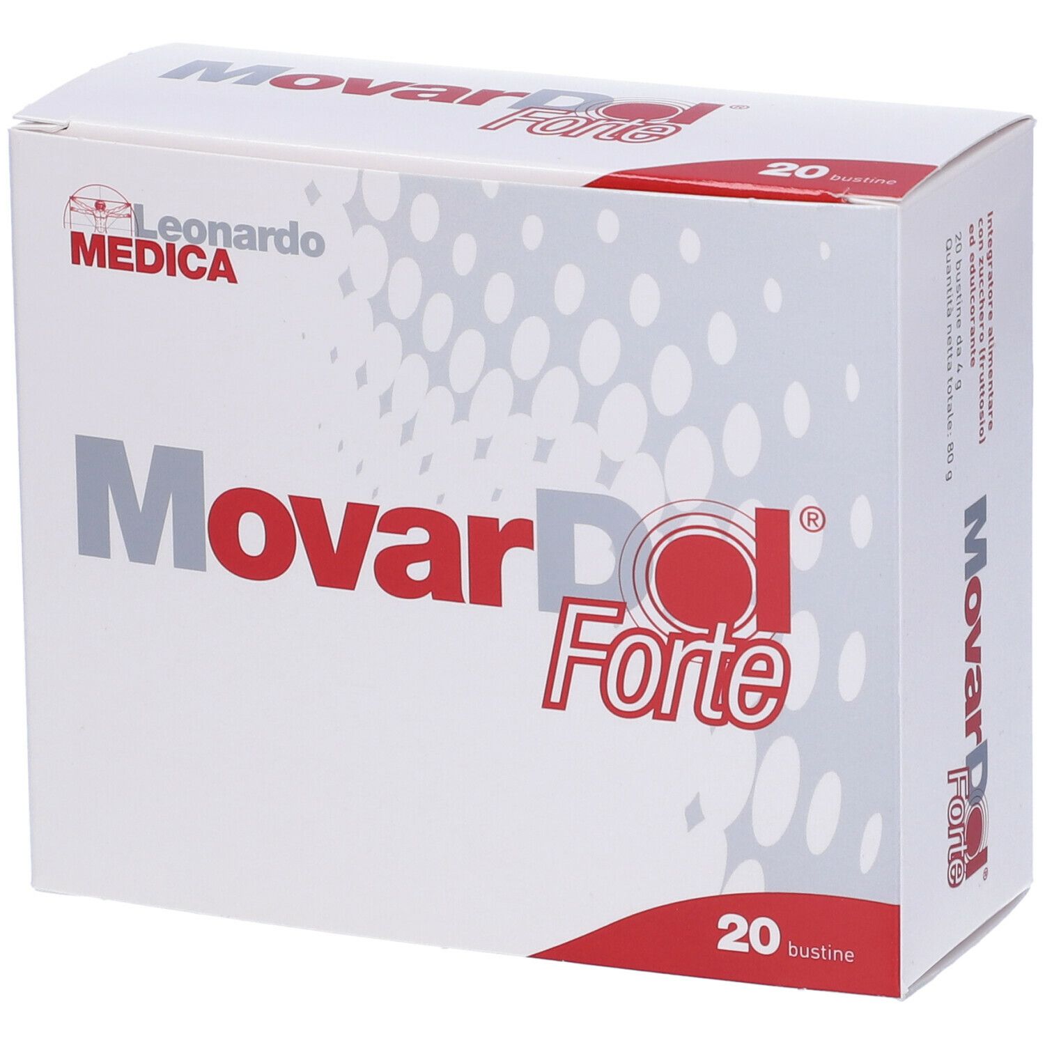 Scatola bianca con logo "Movardol Forte" e 20 bustine. Marchio Leonardo Medica. Scritta rossa e grigia.