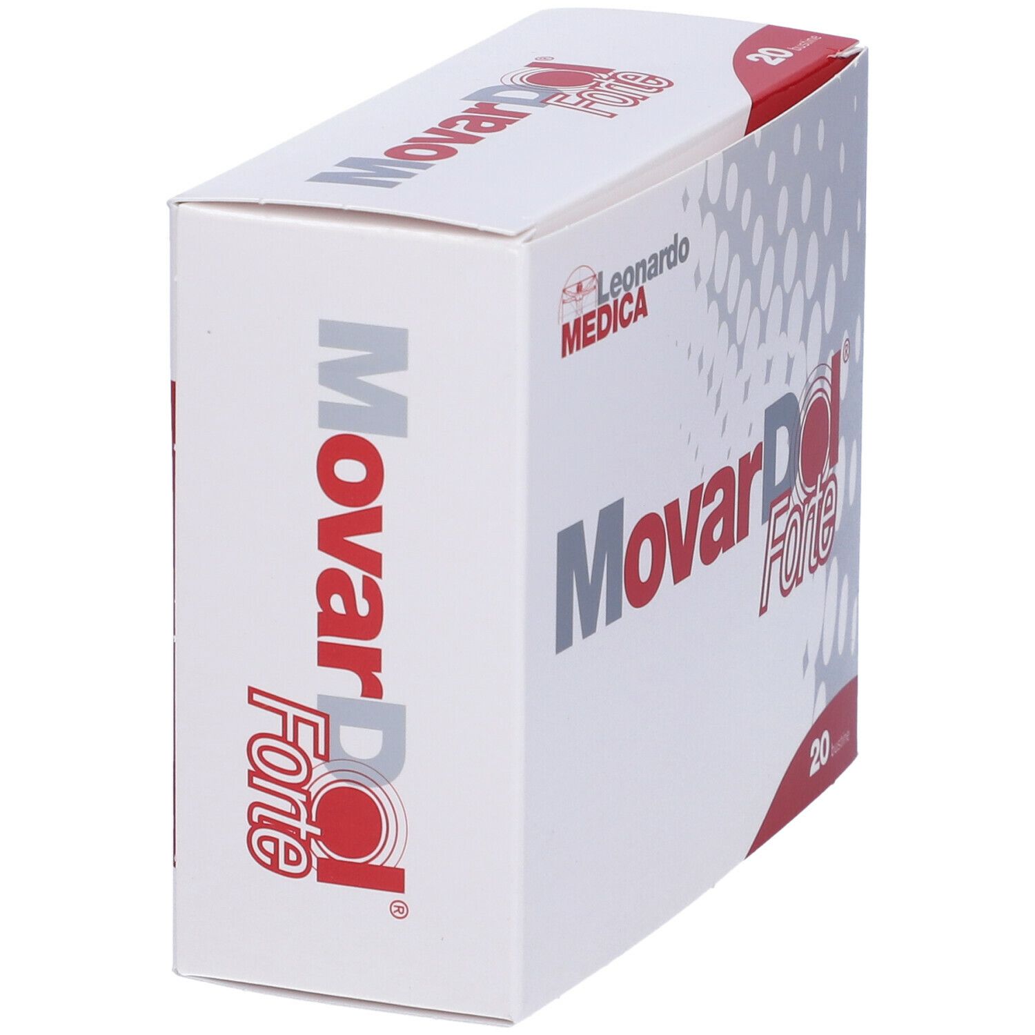 Scatola bianca con logo "Movardol Forte". Marchio Leonardo Medica. Scritta rossa e grigia. 20 bustine.