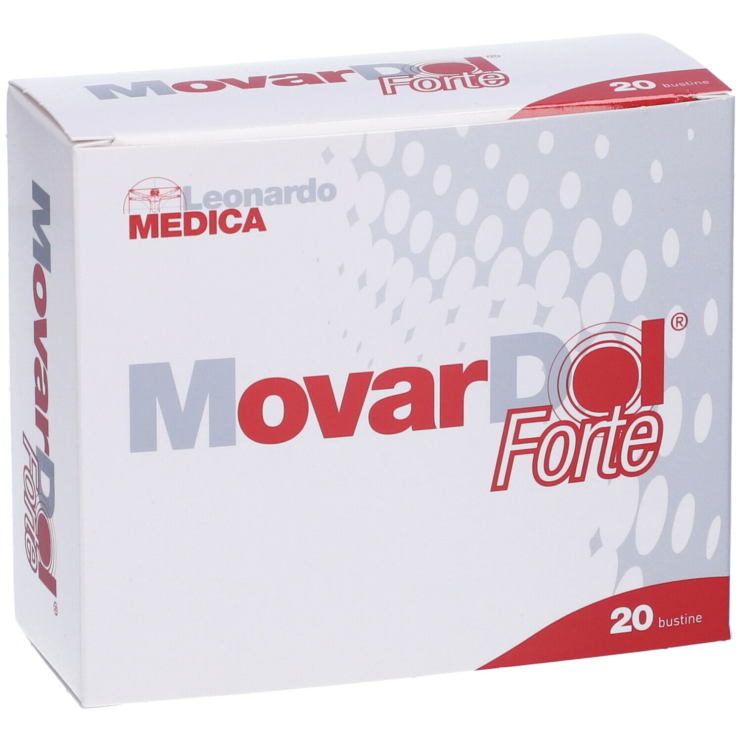Scatola bianca con logo "Movardol Forte" e 20 bustine. Marchio Leonardo Medica. Scritta rossa e grigia.