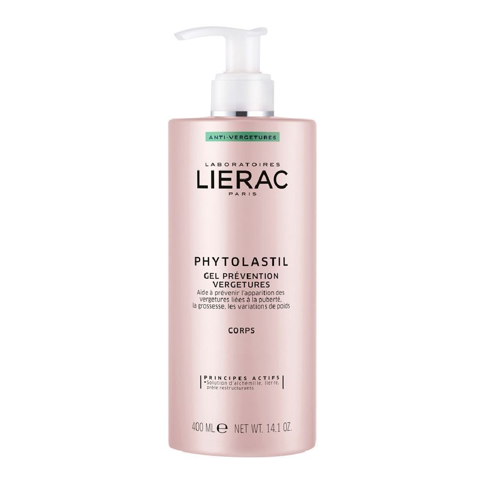 Flacone rosa con dosatore. LIERAC Phytolastil Gel. Anti-smagliature. 400 ml.