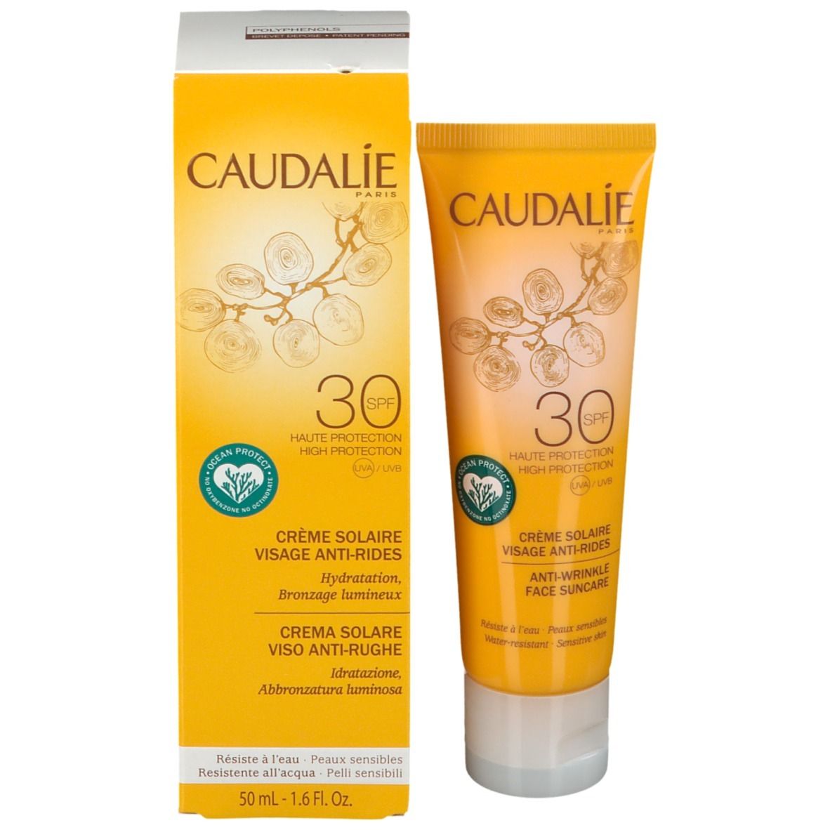Emballage du produit avec tube et boîte. CAUDALIE SPF30. Texte multilingue.