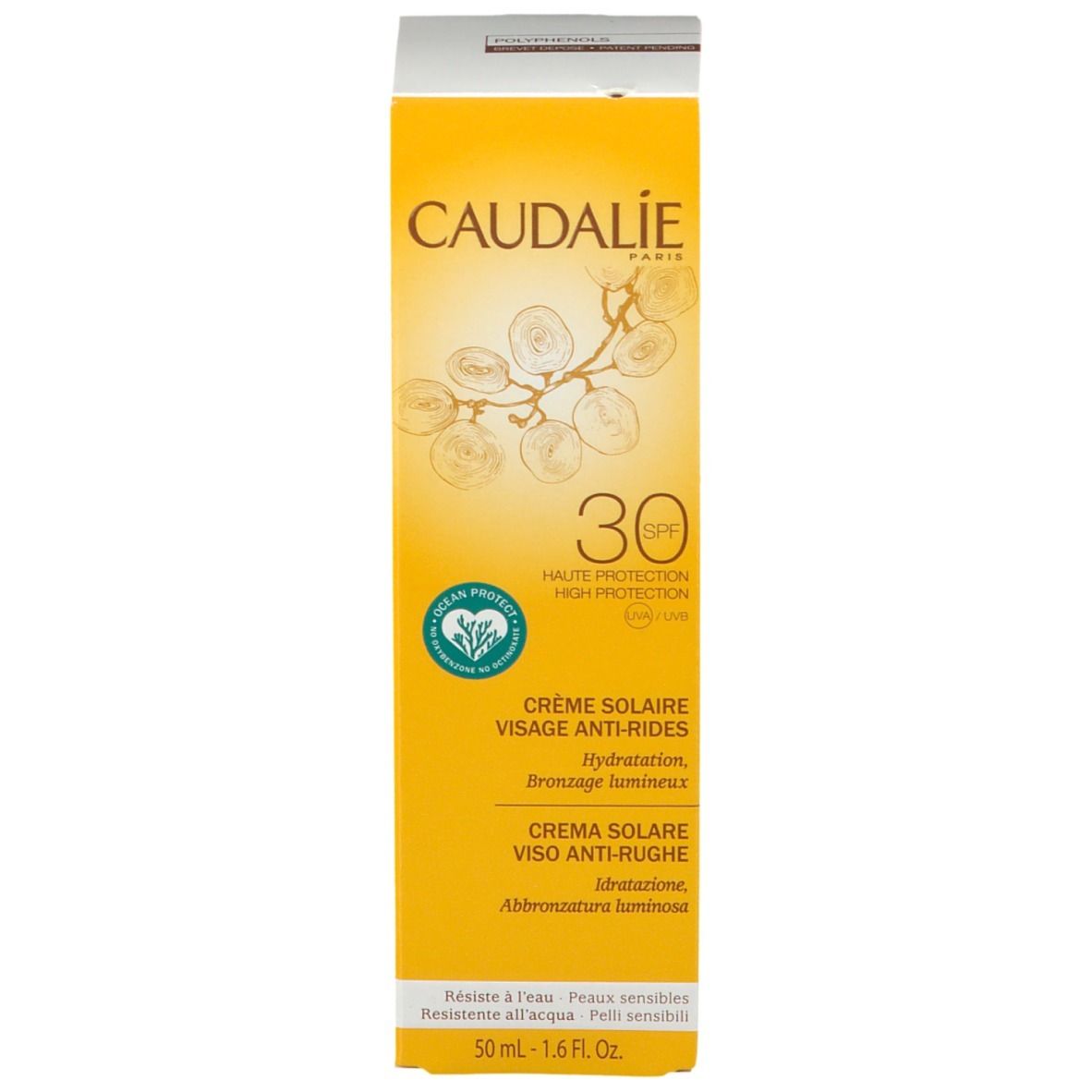 Emballage produit jaune étroit. CAUDALIE SPF30. Texte multilingue.