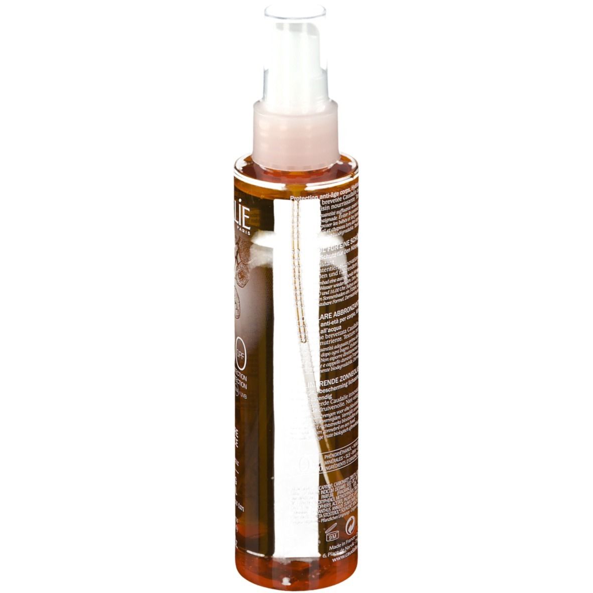 Caudalie Sonnenöl Flasche, Rückseite. Gelbe Flüssigkeit, weißer Sprühkopf. Text auf Etikett.