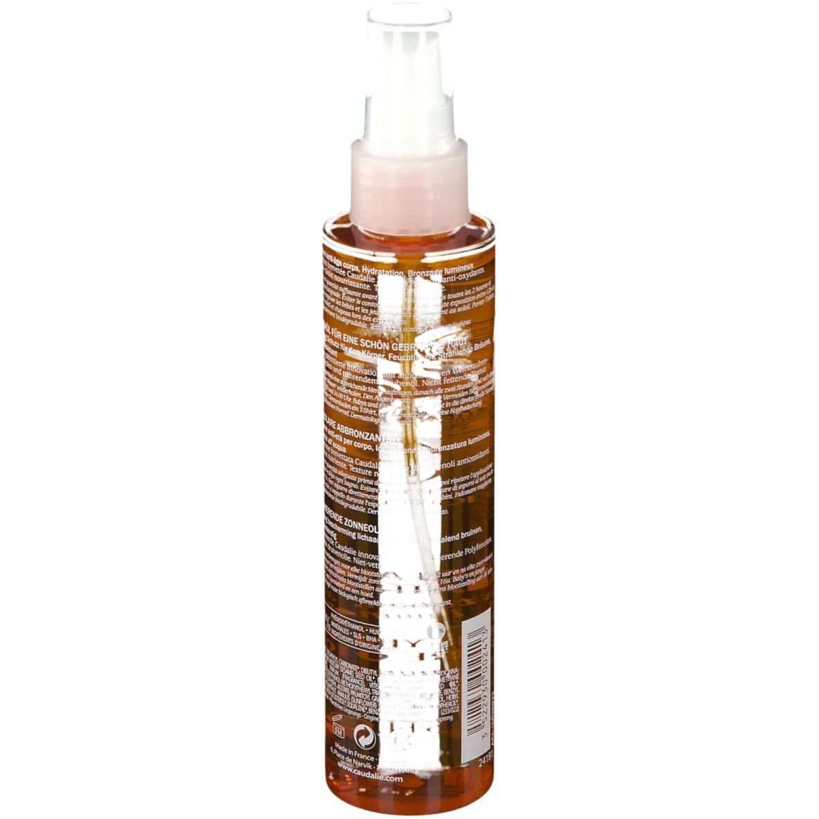 Caudalie Sonnenöl Flasche, Rückseite. Gelbe Flüssigkeit, weißer Sprühkopf. Text auf Etikett.