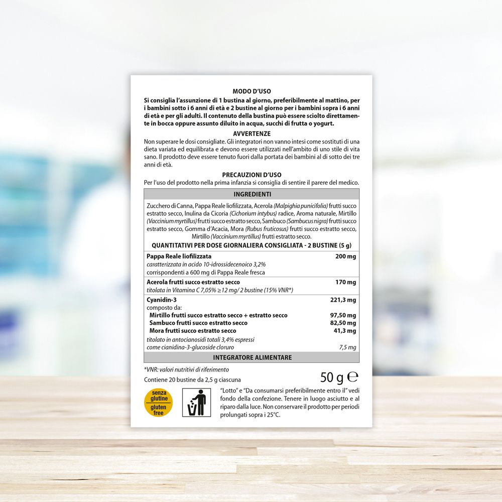 Rückseite der Verpackung von Aboca Natura Mix Advanced Sostegno. Enthält Inhaltsstoffe und Dosierung.