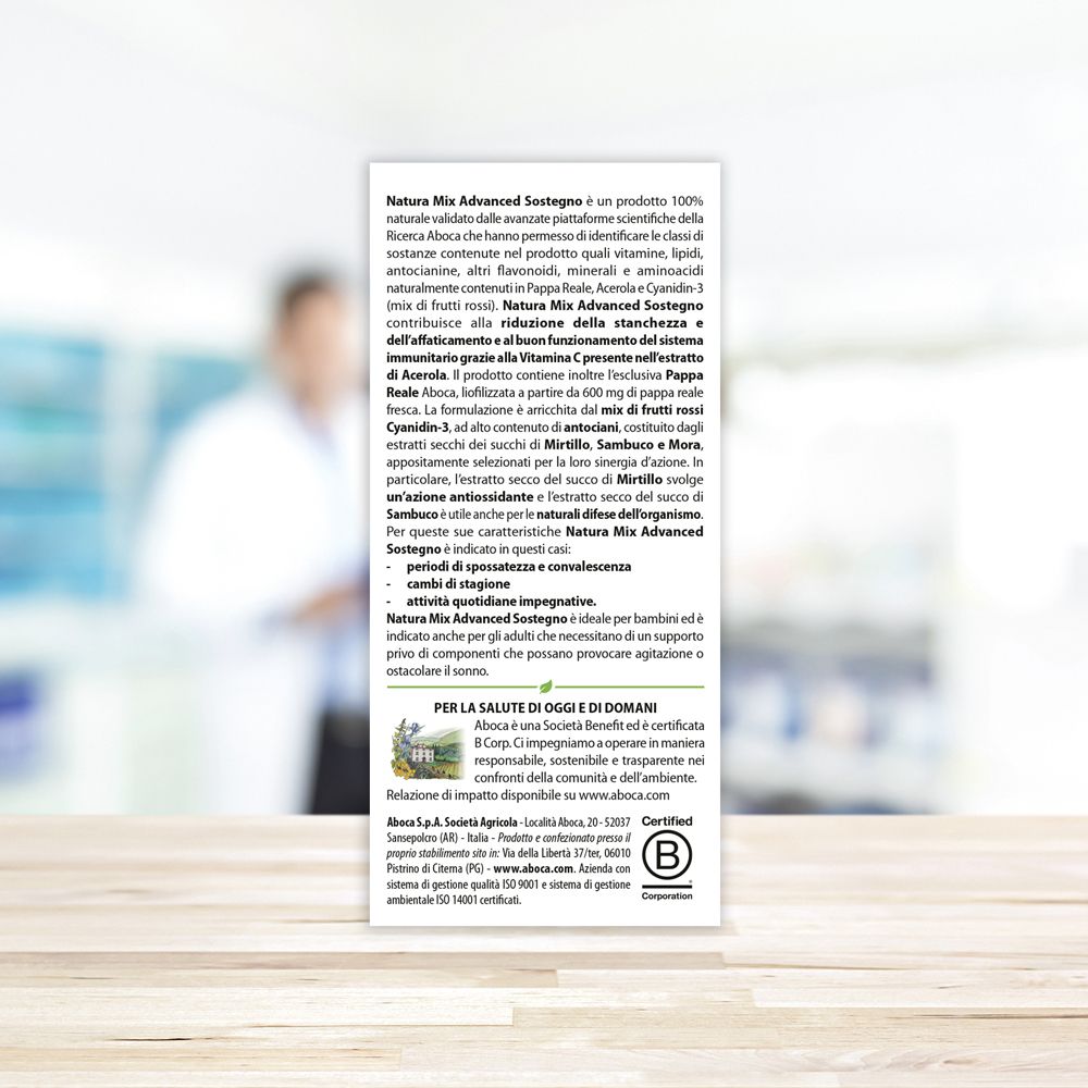 Rückseite der Verpackung von Aboca Natura Mix Advanced Sostegno. Enthält Informationen über das Produkt.