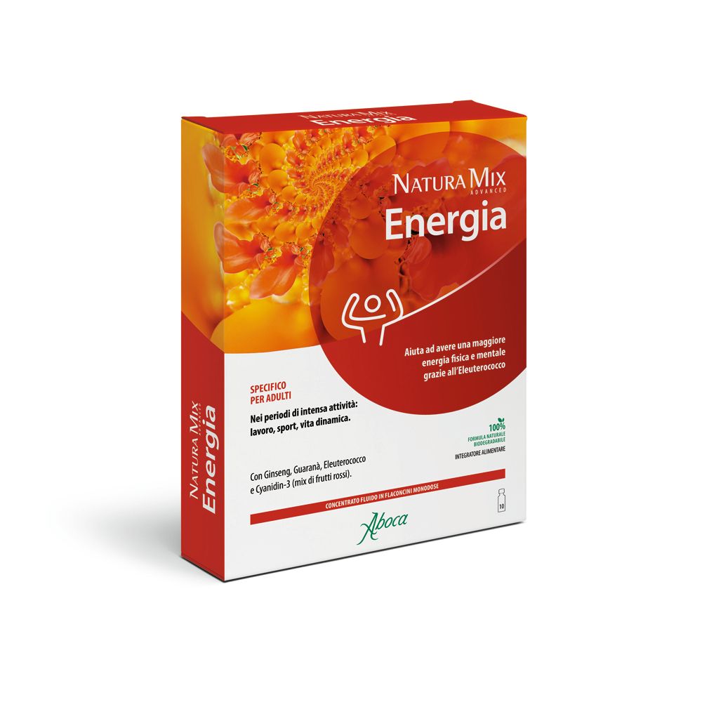 Scatola con nome e logo del prodotto. Cerchio rosso con figura bianca. Testo: Energia, per adulti.