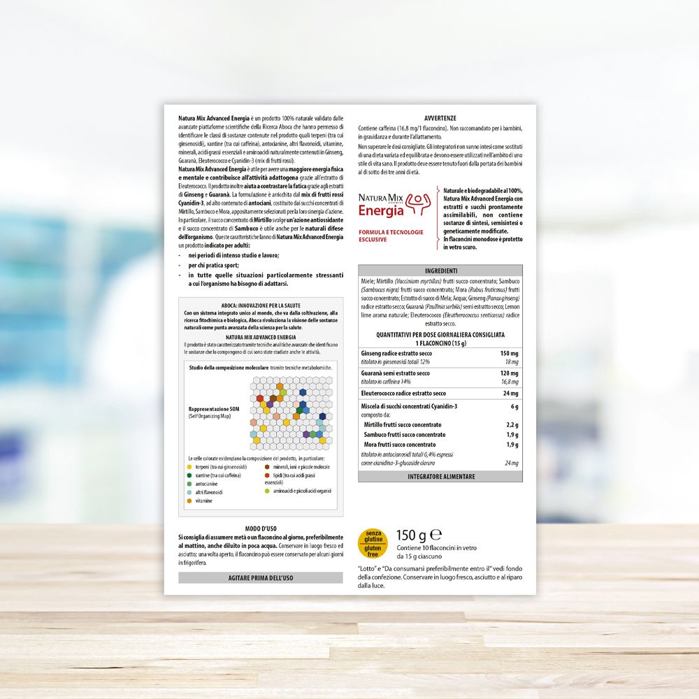 Rückseite der Verpackung. Text und Diagramme. Zutatenliste und Nährwertangaben. Marke: Natura Mix Energia.