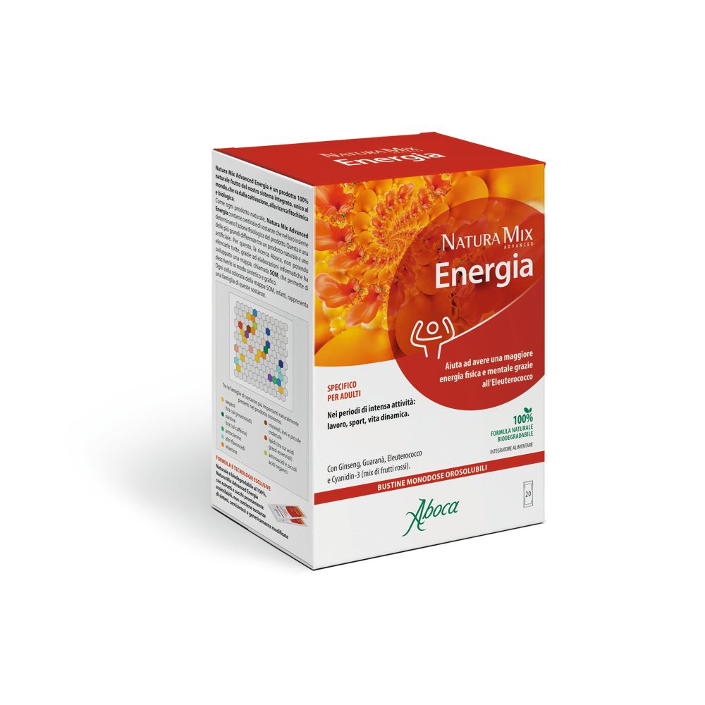 Scatola Natura Mix Energia. Coperchio rosso, lati bianchi. Logo Aboca. Testo: Bustine monodose.