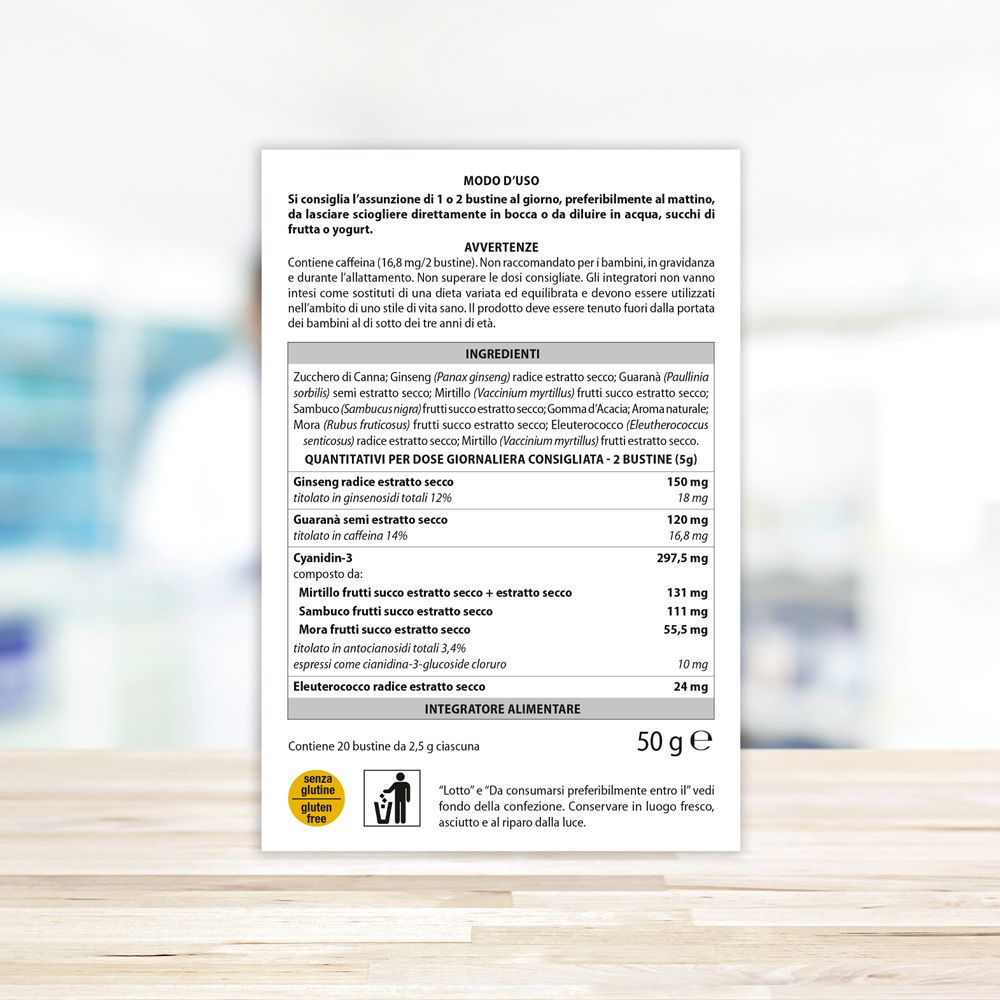 Rückseite der Aboca Natura Mix Energia Verpackung. Enthält Informationen zu Inhaltsstoffen und Anwendung. Text in italienischer Sprache.