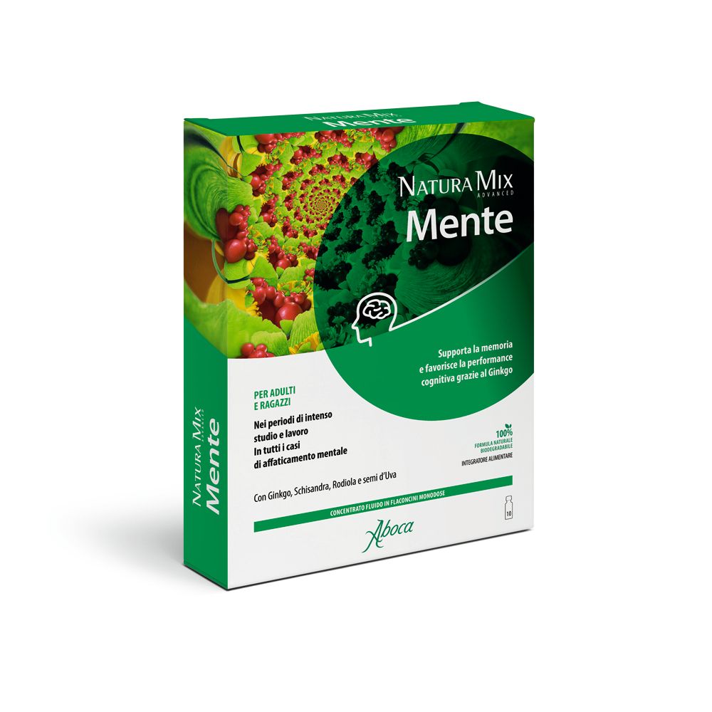 Scatola verde con logo e nome del prodotto. Testo: Per adulti e ragazzi. Con Ginkgo, Schisandra, Radix e semi d'uva.