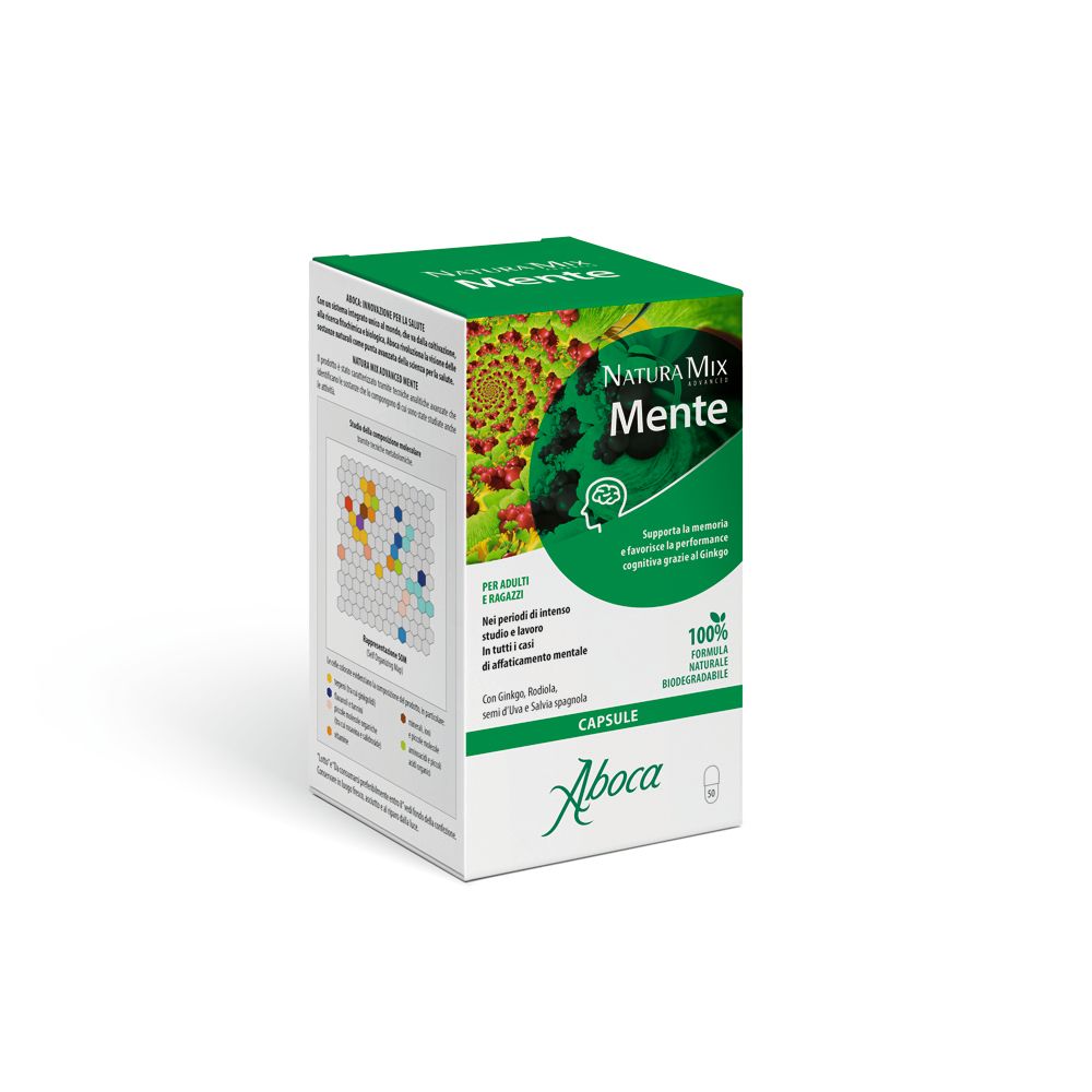 Scatola bianca con stampa verde. Scritta: Natura Mix Mente. Logo Aboca. Capsule. Formula naturale al 100%.