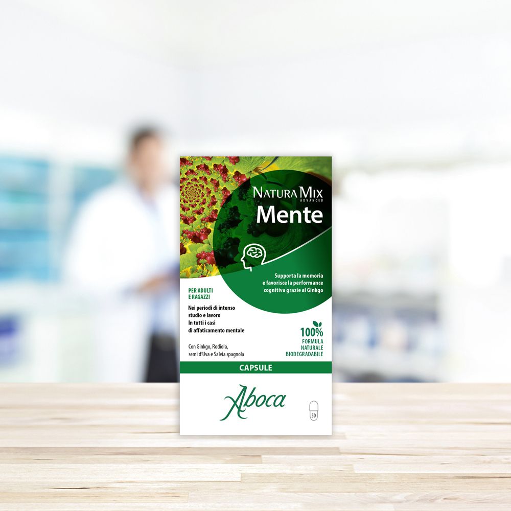 Aboca Natura Mix Mente Kapselverpackung mit Informationen zu Inhaltsstoffen und Anwendung.