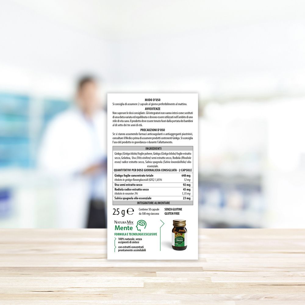 Rückseite der Aboca Natura Mix Mente Kapselverpackung mit detaillierten Produktinformationen.