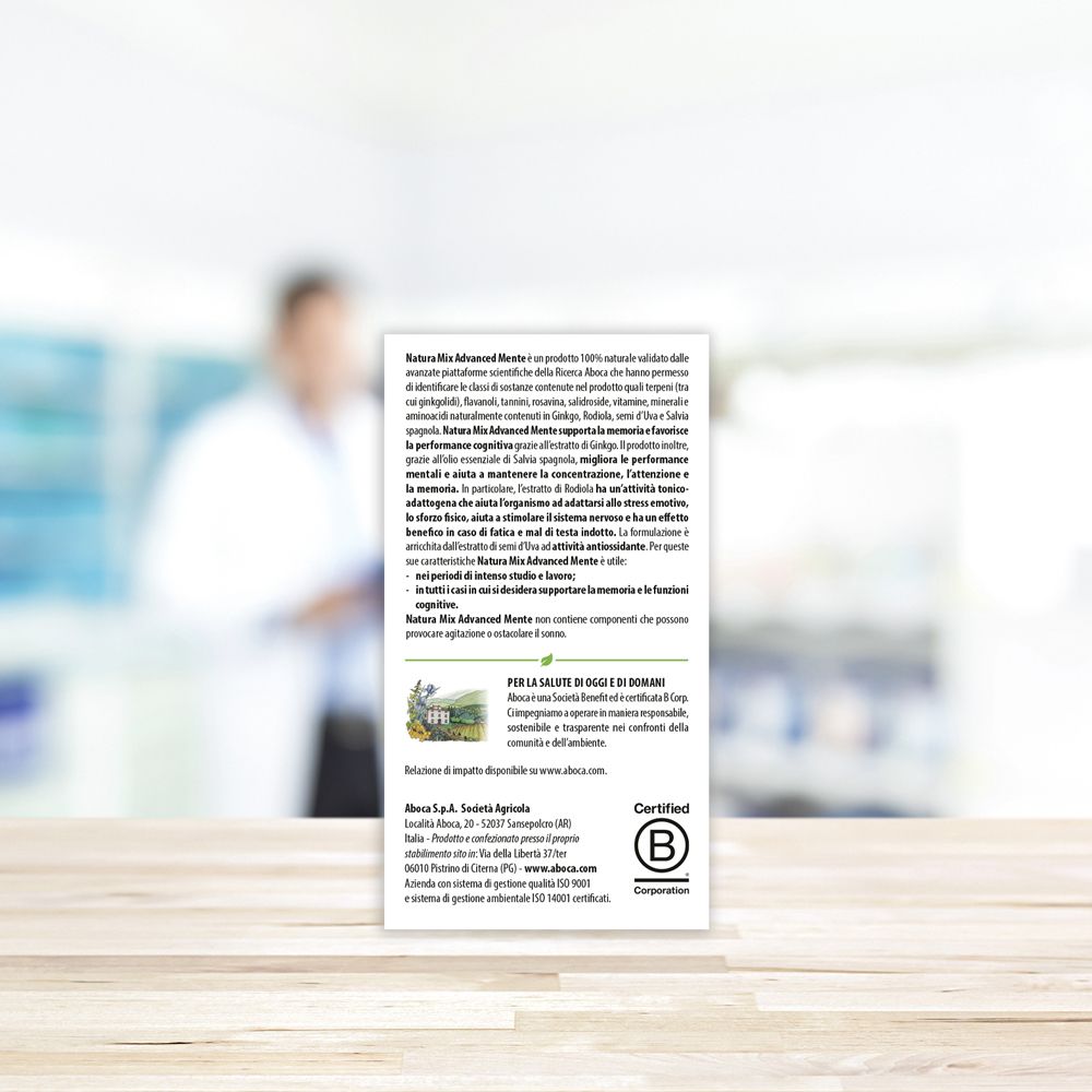 Rückseite der Aboca Natura Mix Mente Kapselverpackung mit detaillierten Produktinformationen.