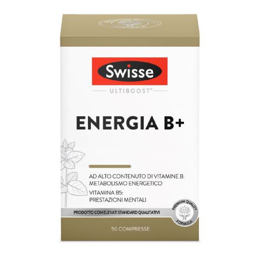 Confezione Swisse Energia B+. Scatola bianca con logo rosso e nome del prodotto. Contiene 50 compresse.