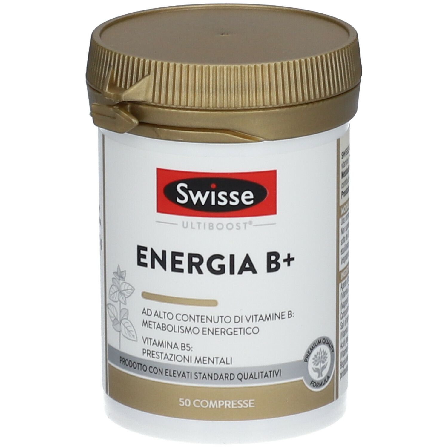 Barattolo Swisse Energia B+. Barattolo bianco con coperchio dorato. Logo rosso e nome del prodotto. Contiene 50 compresse.