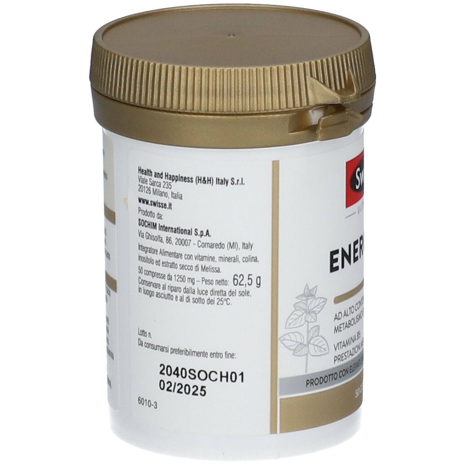 Barattolo Swisse Energia B+. Retro con informazioni sul prodotto. Contiene ingredienti, dosaggio e dettagli produttore.