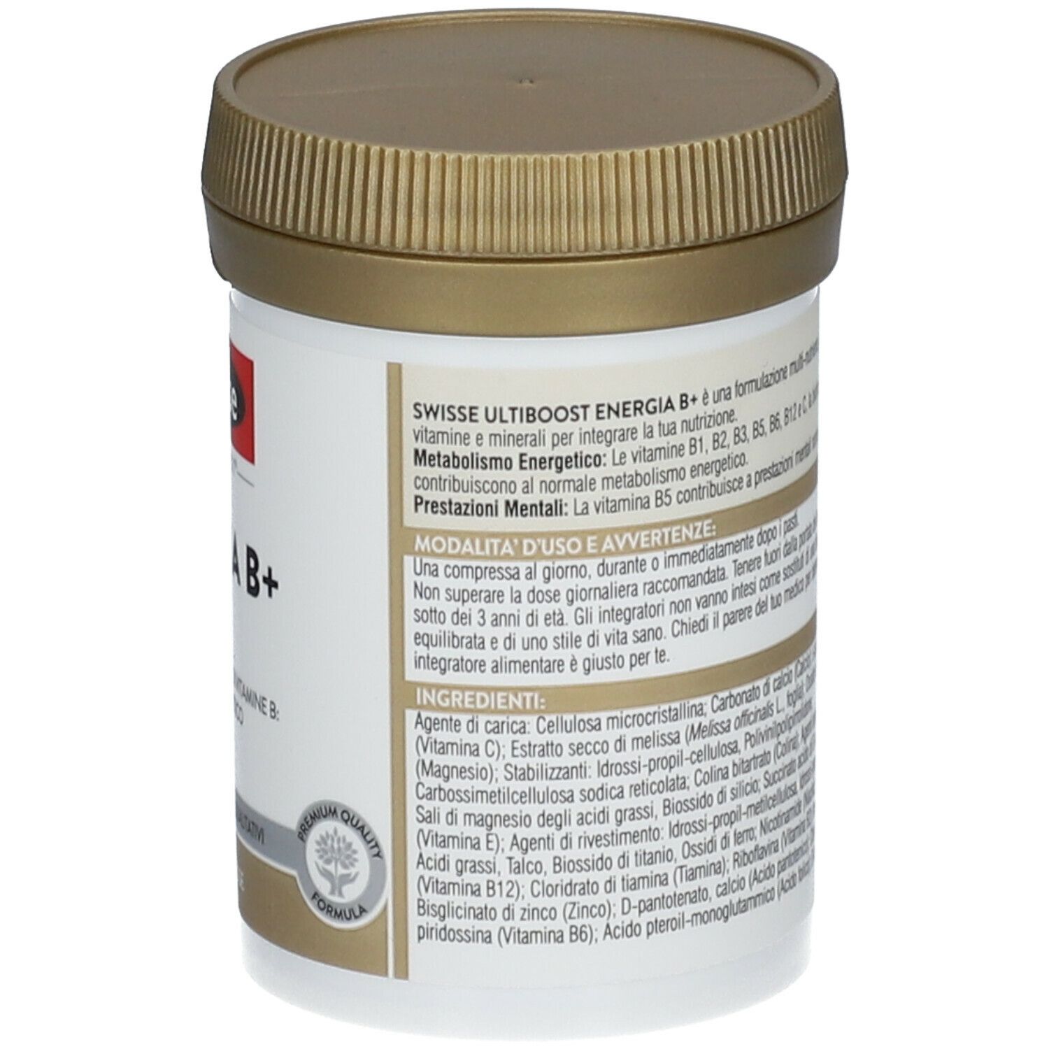Barattolo Swisse Energia B+. Retro con informazioni sul prodotto. Contiene ingredienti, dosaggio e dettagli produttore.