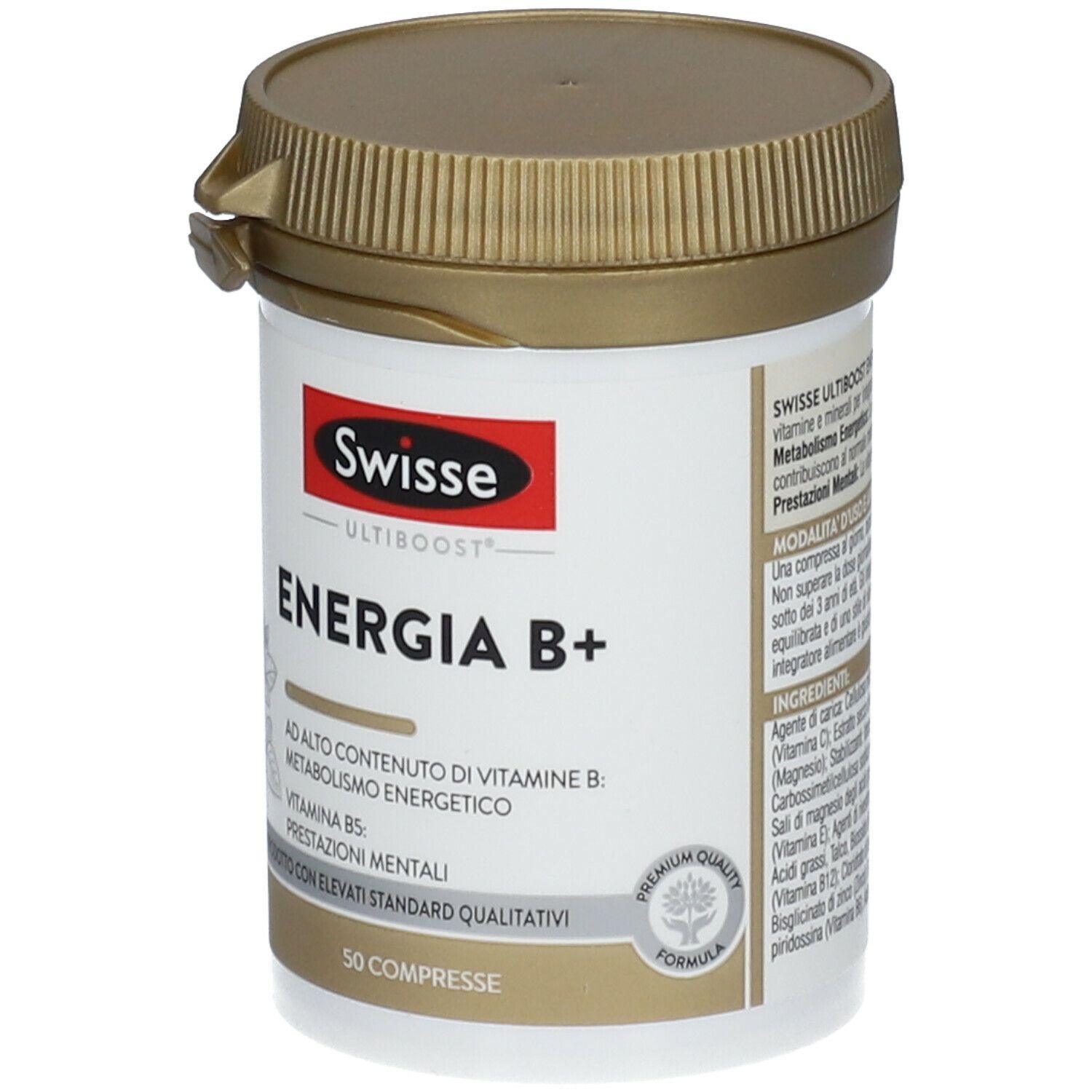 Barattolo Swisse Energia B+. Barattolo bianco con coperchio dorato. Logo rosso e nome del prodotto. Contiene 50 compresse.