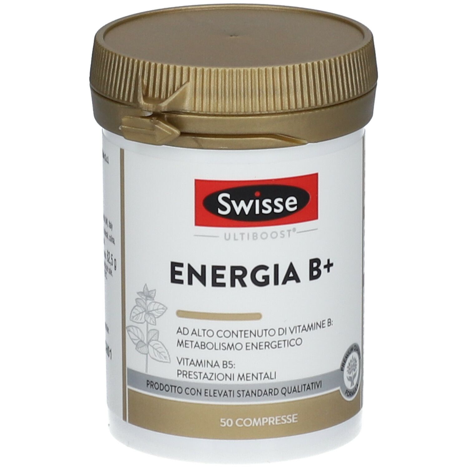 Barattolo Swisse Energia B+. Barattolo bianco con coperchio dorato. Logo rosso e nome del prodotto. Contiene 50 compresse.