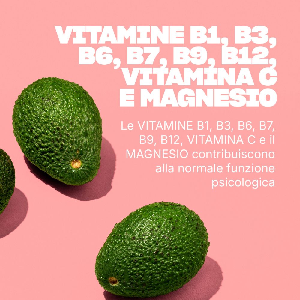 Avocados auf rosa Hintergrund. Text: Vitamine B1, B3, B6, B7, B9, B12, Vitamin C und Magnesium.