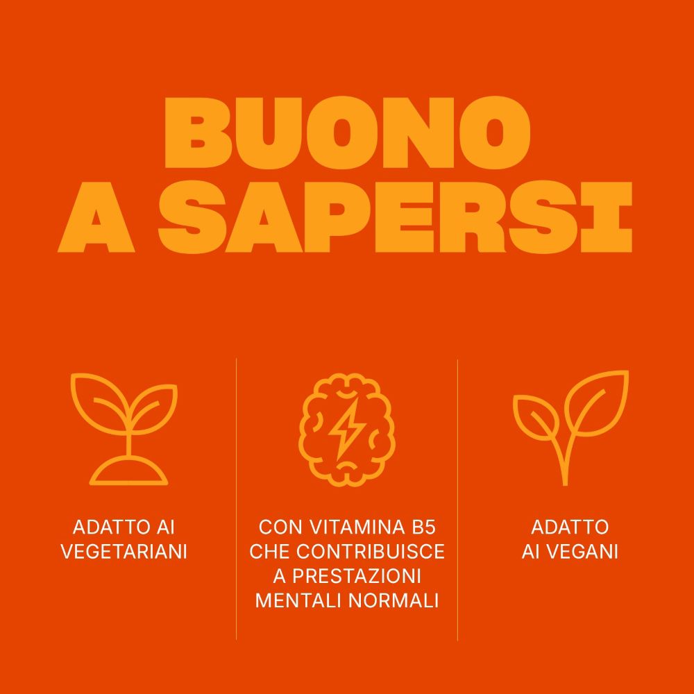 Orangefarbener Hintergrund mit Text: Gut zu wissen. Symbole für vegetarisch, Vitamin B5 und vegan.